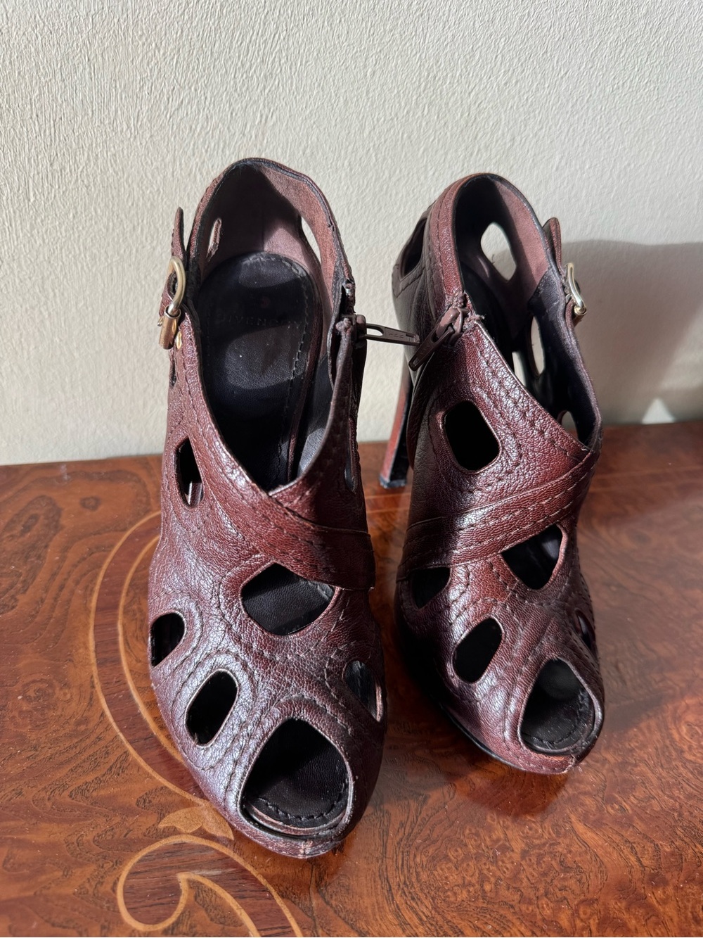 Givenchy Dark Brown Cutout Leather Peep-Toe Heels